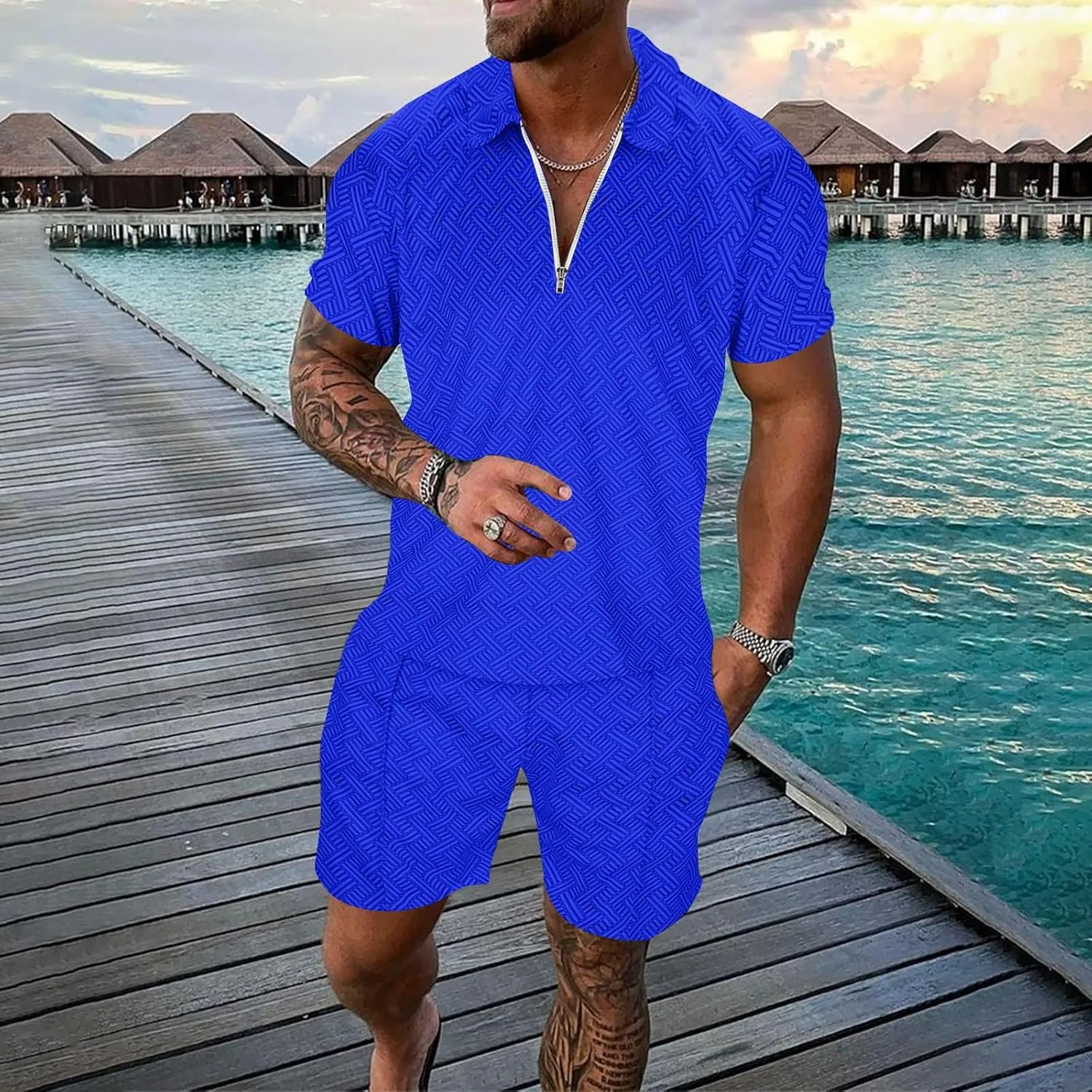 Men Track Suits 2 Piece Set Summer Casual Outfits Fashion Polo Shirts Short Sleeve and Shorts Set Clothes