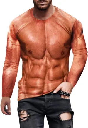 Men's 3D Print Fake Muscles Shirts Long Sleeve Crew Neck Workout Funny Novelty Graphic Pattern Pullover Tees T-Shirts