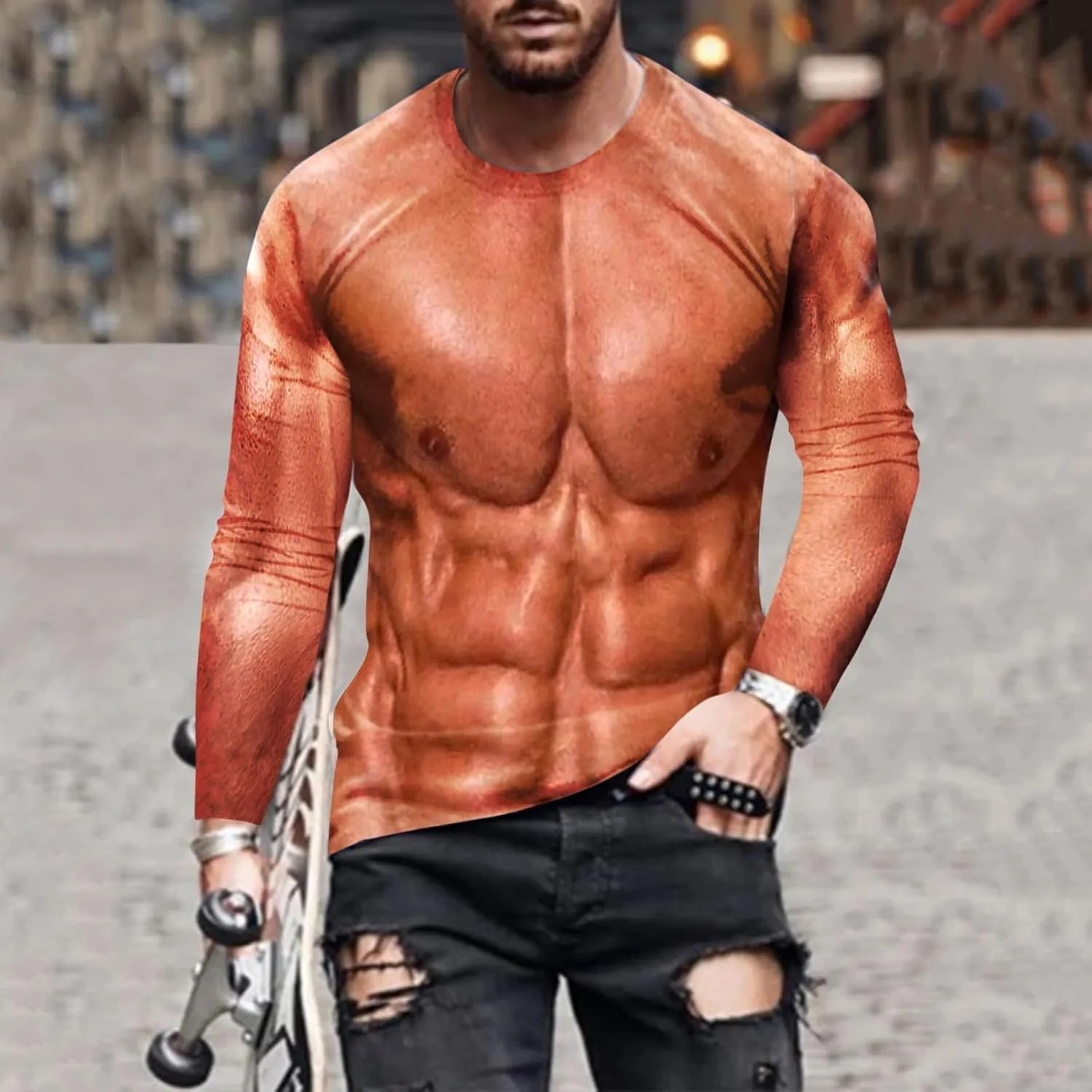 Men's 3D Print Fake Muscles Shirts Long Sleeve Crew Neck Workout Funny Novelty Graphic Pattern Pullover Tees T-Shirts