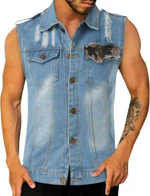Men's Classic-Fit Distressed Denim Vest Fashion Sleeveless Ripped Jean Jacket Vintage Motorcycle Cowboy Waistcoats