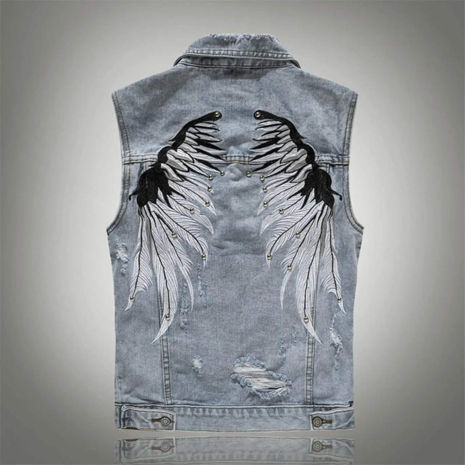 Men's Classic-Fit Distressed Denim Vest Fashion Sleeveless Ripped Jean Jacket Vintage Motorcycle Cowboy Waistcoats