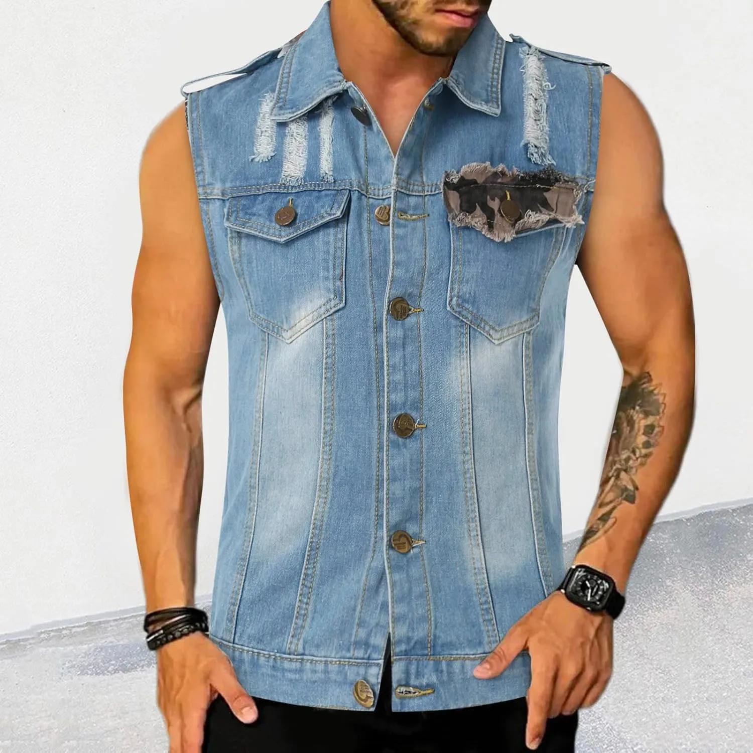 Men's Classic-Fit Distressed Denim Vest Fashion Sleeveless Ripped Jean Jacket Vintage Motorcycle Cowboy Waistcoats