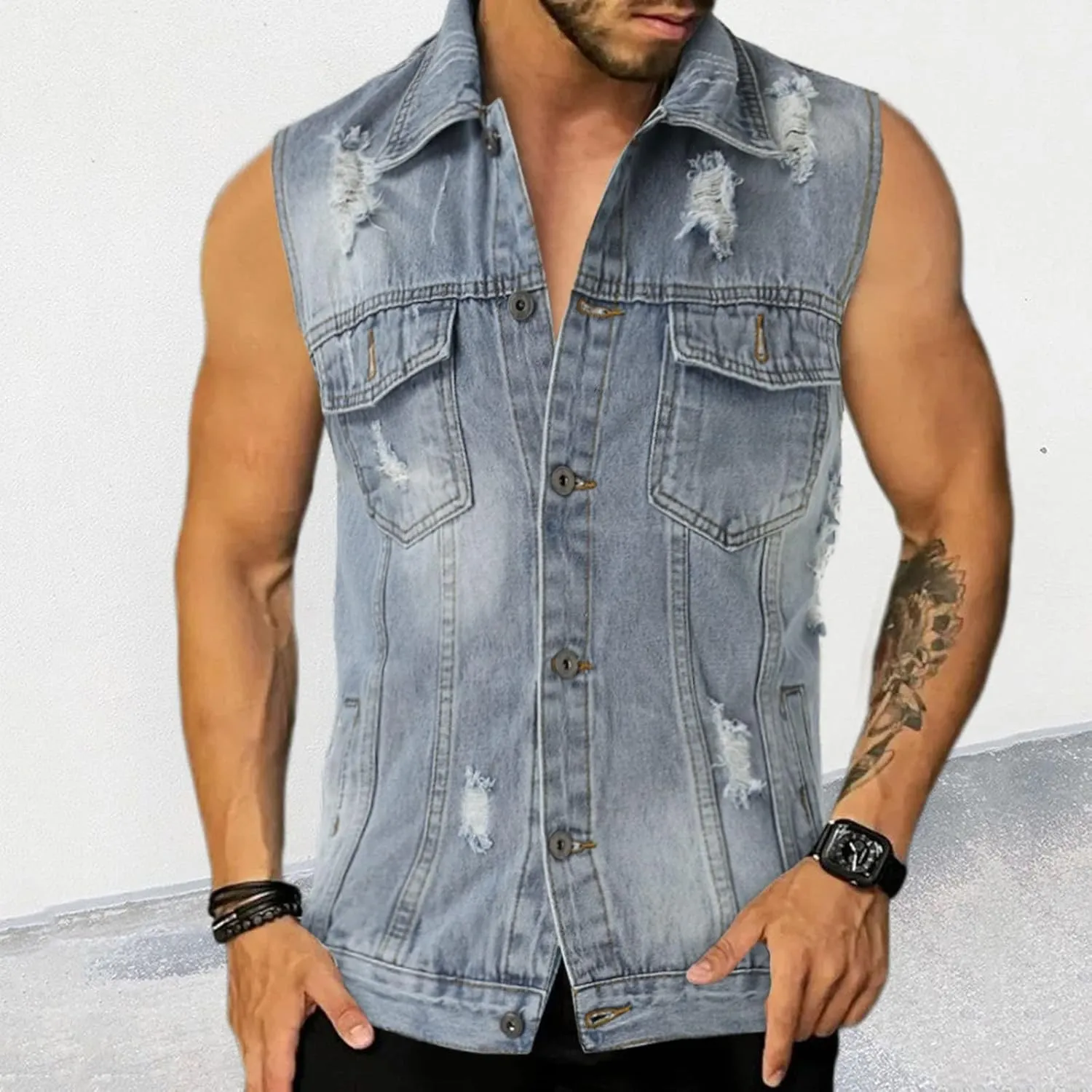 Men's Classic-Fit Distressed Denim Vest Fashion Sleeveless Ripped Jean Jacket Vintage Motorcycle Cowboy Waistcoats