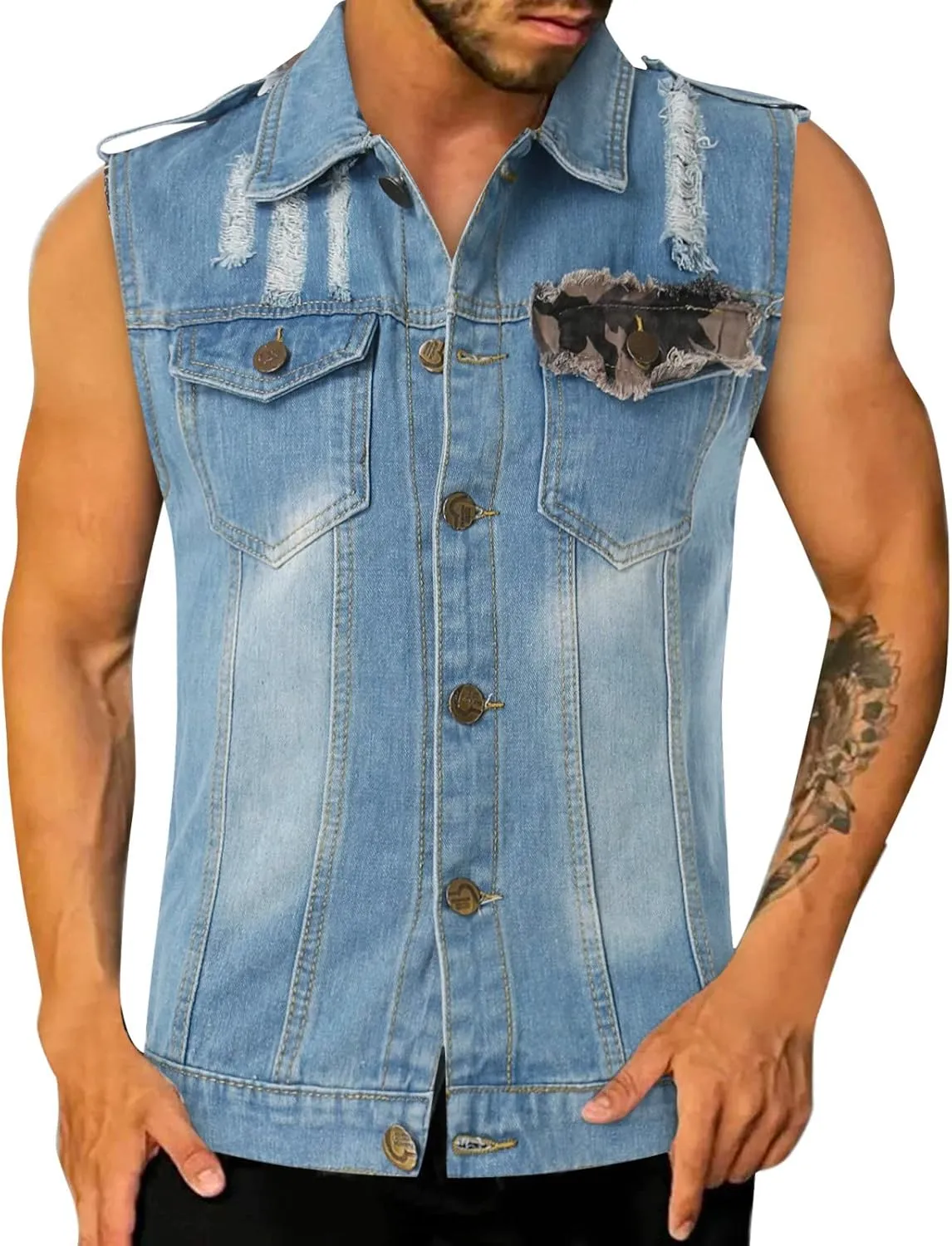 Men's Classic-Fit Distressed Denim Vest Fashion Sleeveless Ripped Jean Jacket Vintage Motorcycle Cowboy Waistcoats