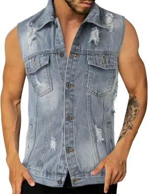 Men's Classic-Fit Distressed Denim Vest Fashion Sleeveless Ripped Jean Jacket Vintage Motorcycle Cowboy Waistcoats