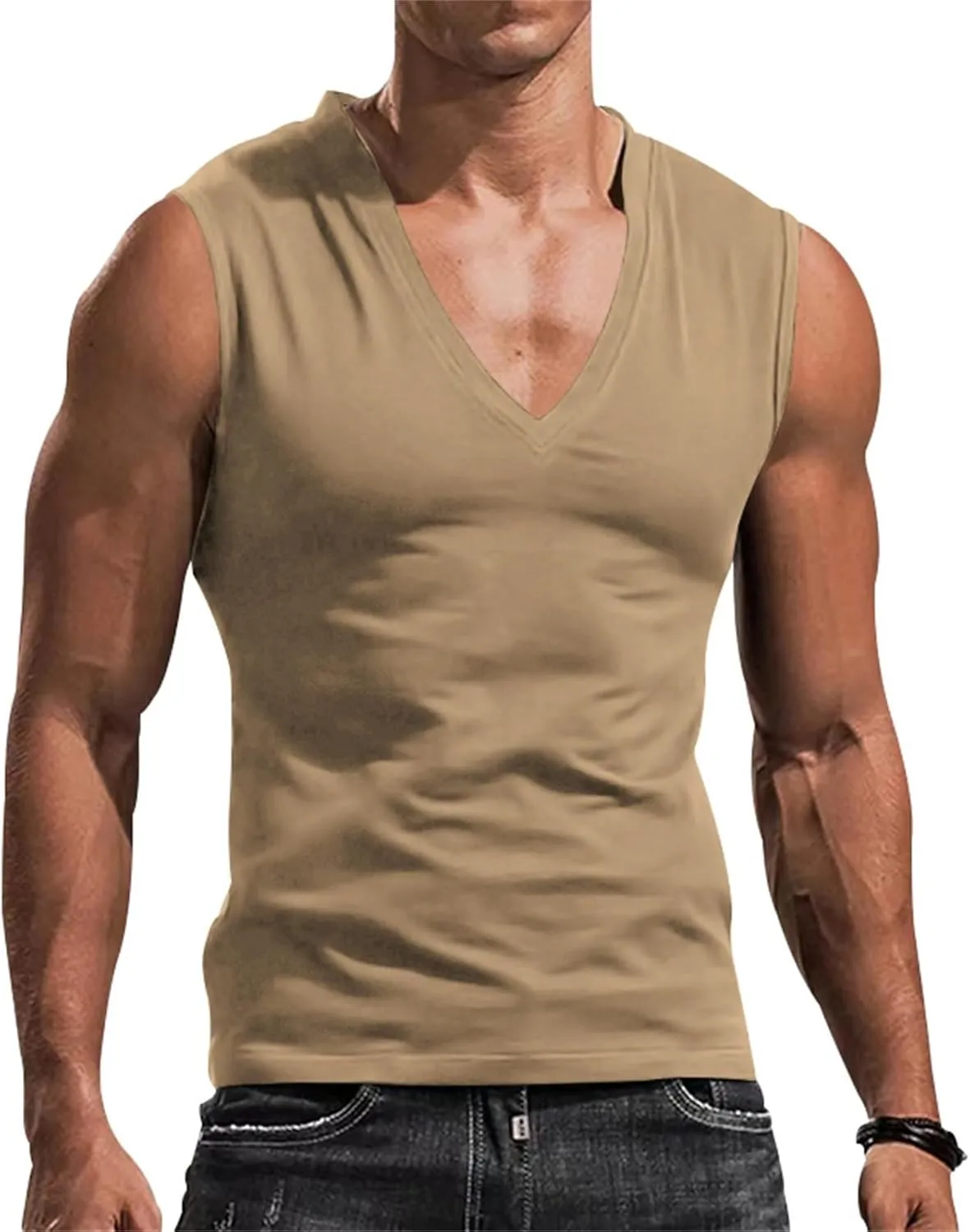 Mens Deep V Neck Tank Tops, Stretch Muscle Gym Workout Sleeveless Slim Fit Low Cut Tank Tops for Summer Beach