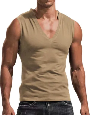 Mens Deep V Neck Tank Tops, Stretch Muscle Gym Workout Sleeveless Slim Fit Low Cut Tank Tops for Summer Beach