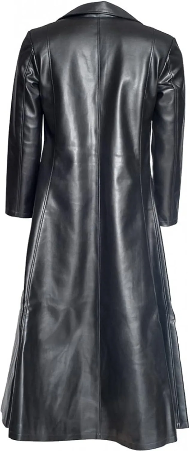 Mens Faux Leather Trench Coat Lapel Collar Jackets Button Down Long Jacket Gothic Steampunk Jacket Slim Fit Overcoat