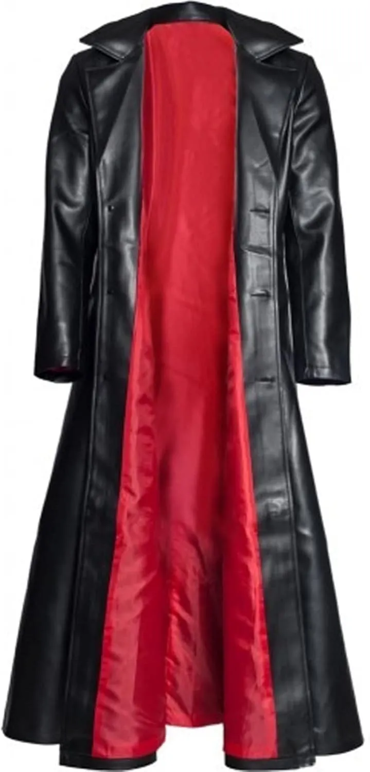 Mens Faux Leather Trench Coat Lapel Collar Jackets Button Down Long Jacket Gothic Steampunk Jacket Slim Fit Overcoat