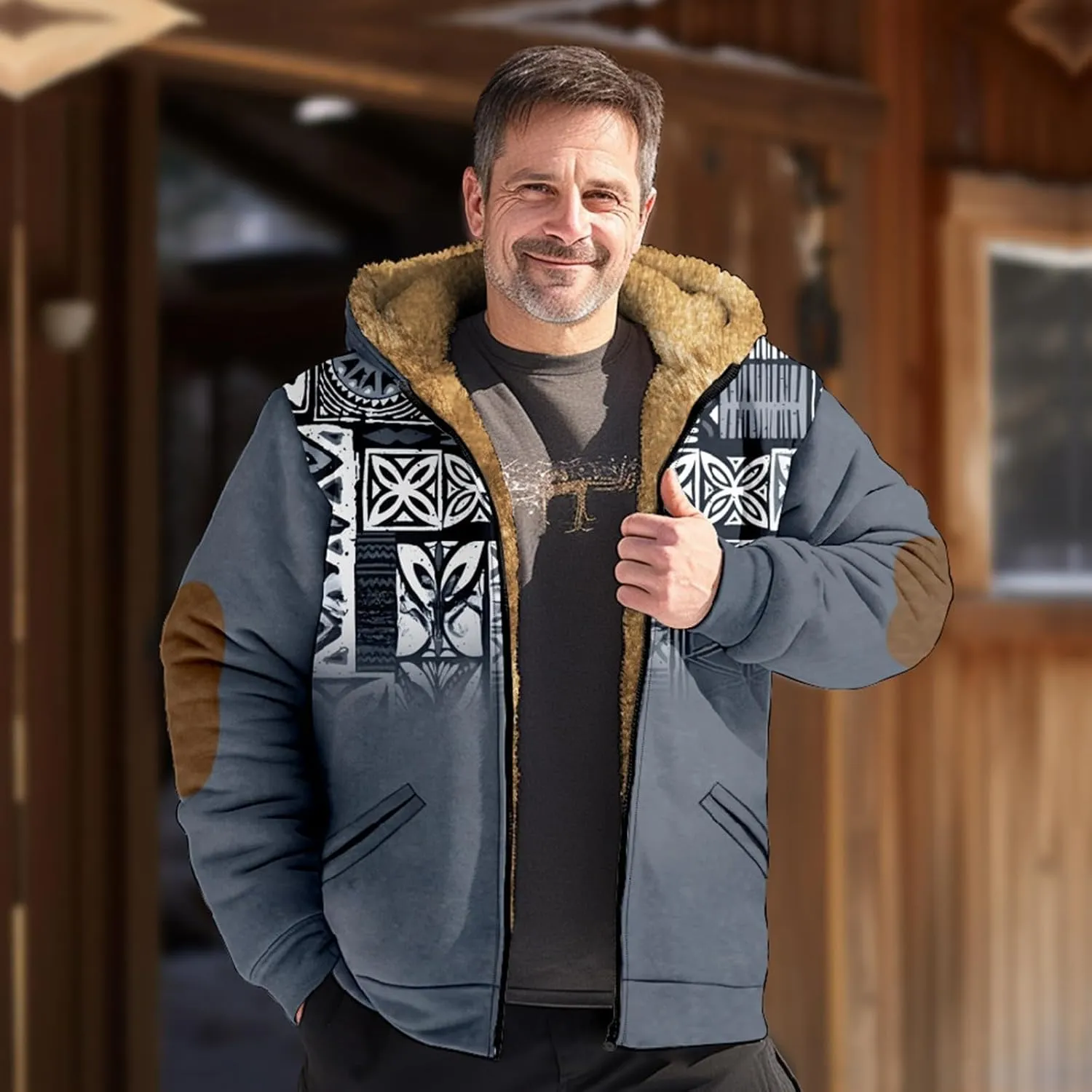 Mens Fleece Jacket Fuzzy Sherpa Jacket Western Aztec Print Vintage Sweatshirts Winter Warm Ethnic Casual Sweater Coat
