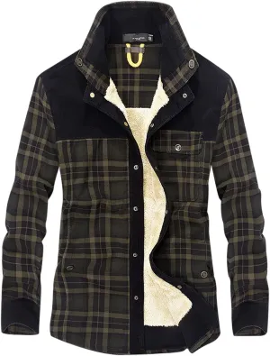 Mens Long Sleeve Sherpa Lined Flannel Shirt Jackets Thermal Quilted Lined Button Down Plaid Coats with Pockets