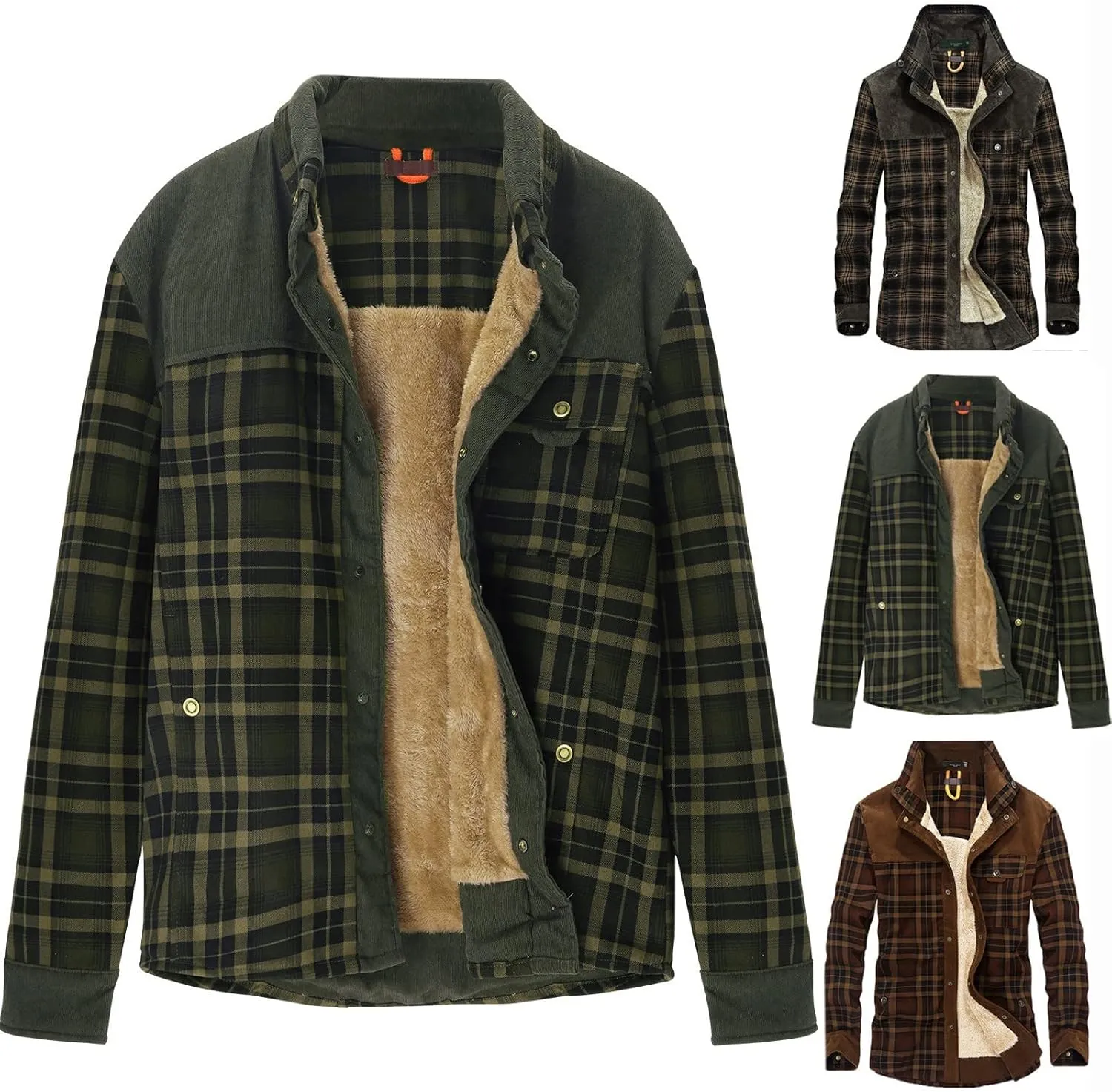 Mens Long Sleeve Sherpa Lined Flannel Shirt Jackets Thermal Quilted Lined Button Down Plaid Coats with Pockets