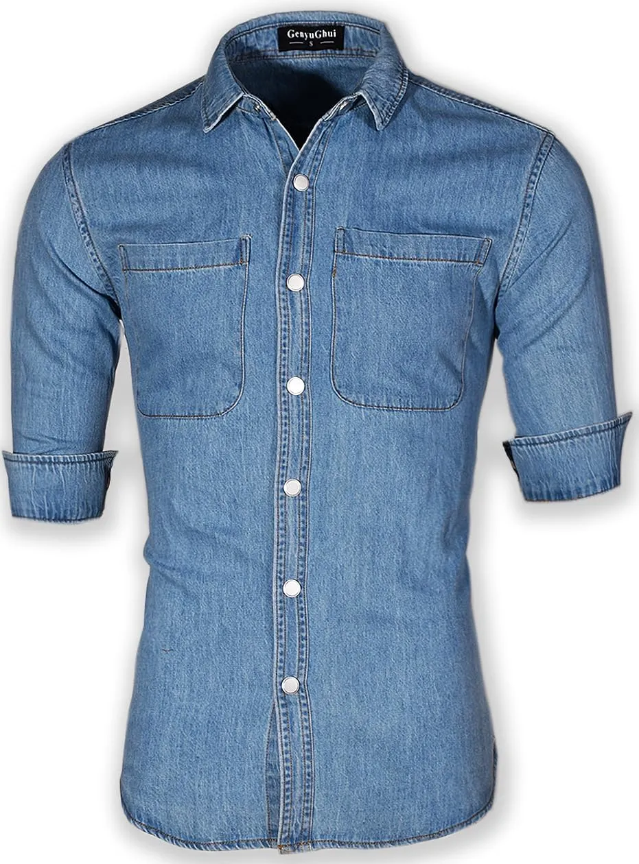 Men's Long Sleeve Slim-Fit Snap Denim Work Shirt