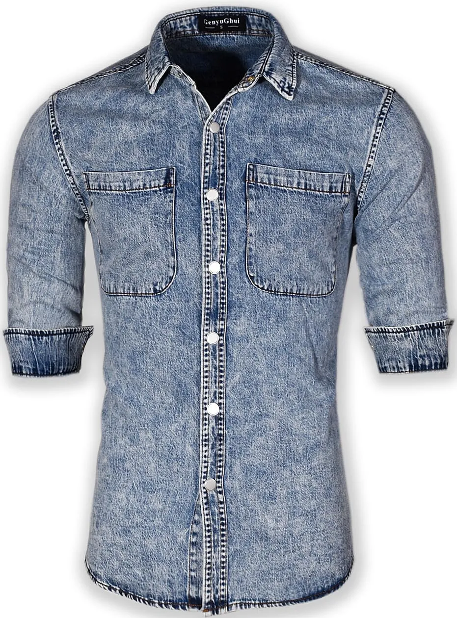 Men's Long Sleeve Slim-Fit Snap Denim Work Shirt