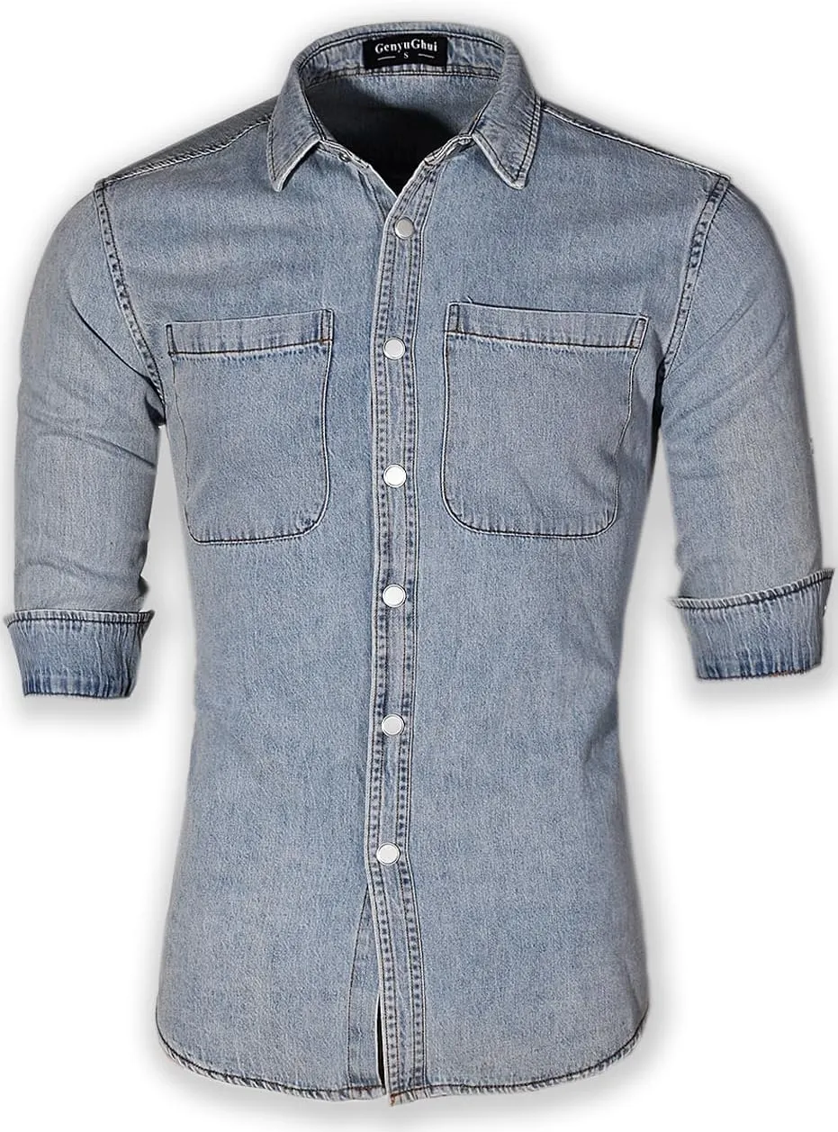 Men's Long Sleeve Slim-Fit Snap Denim Work Shirt