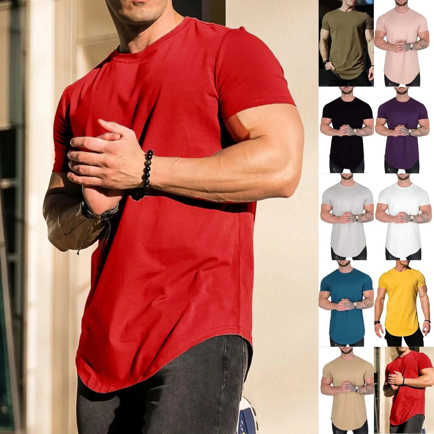Mens Longline Muscle Fit T Shirts Short Sleeve Gym Workout Bodybuilding Tee Tops Solid Color Basic Hipster Sport Tops