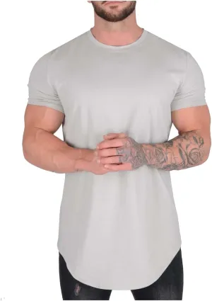 Mens Longline Muscle Fit T Shirts Short Sleeve Gym Workout Bodybuilding Tee Tops Solid Color Basic Hipster Sport Tops