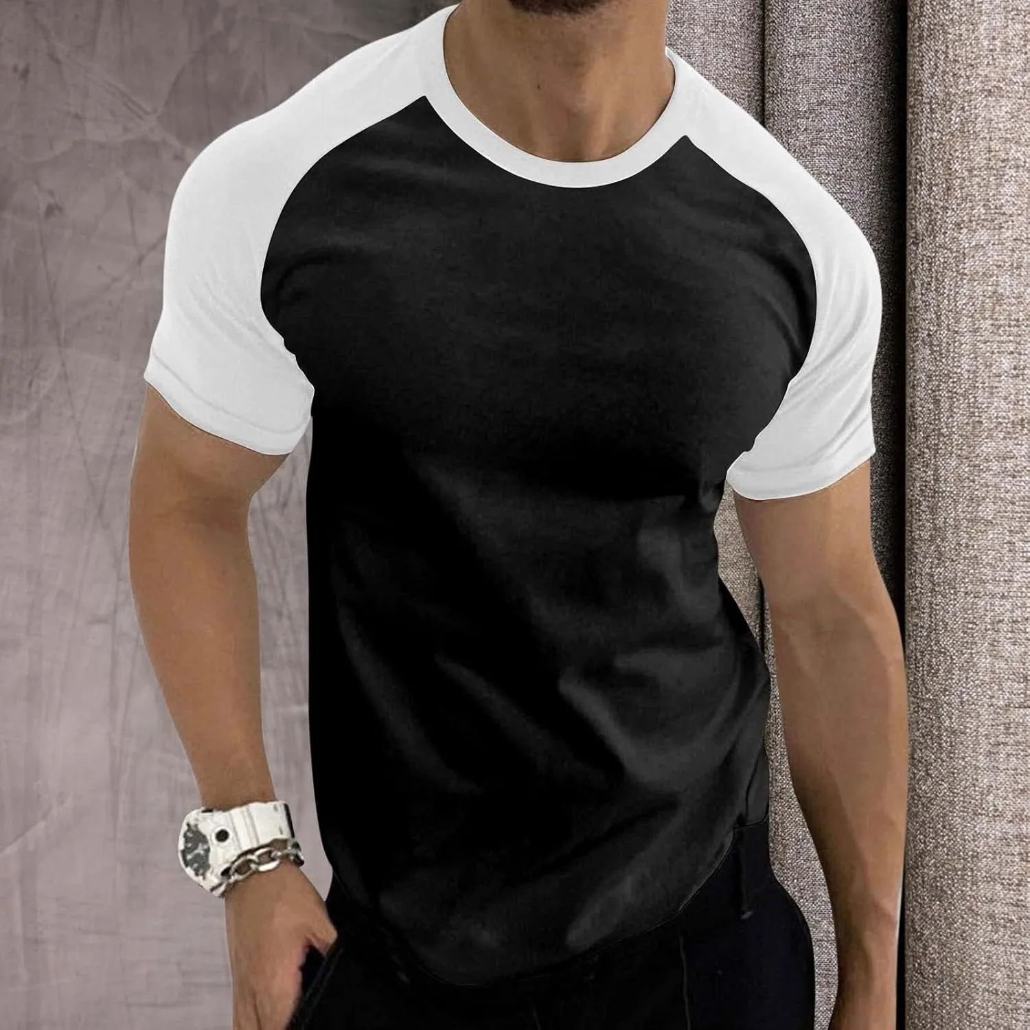 Men's Muscle Baseball T-Shirt Raglan Short Sleeve Bodybuilding Gym Tee Color Block Crewneck Fashion Hipster Shirt