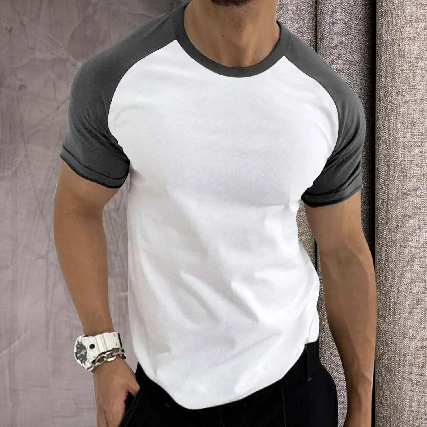 Men's Muscle Baseball T-Shirt Raglan Short Sleeve Bodybuilding Gym Tee Color Block Crewneck Fashion Hipster Shirt