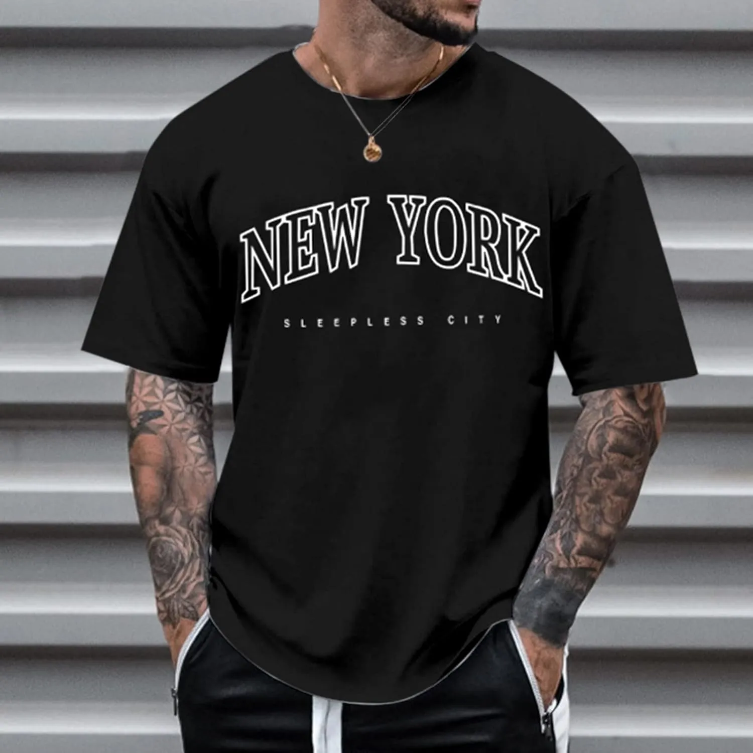 Men's Oversized Graphic Tees Short Sleeve New York Letter Print T-Shirt Summer Causal Crewneck Tee Tops