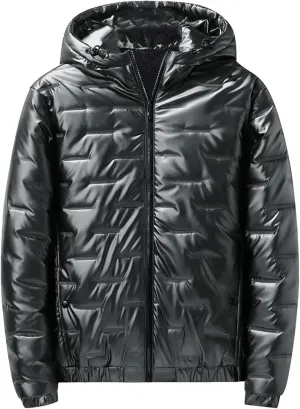 Mens Puffer Jacket With Hood Waterproof Shiny Reflective Bubble Coat Lightweight Packable Winter Thicken Down Jacket