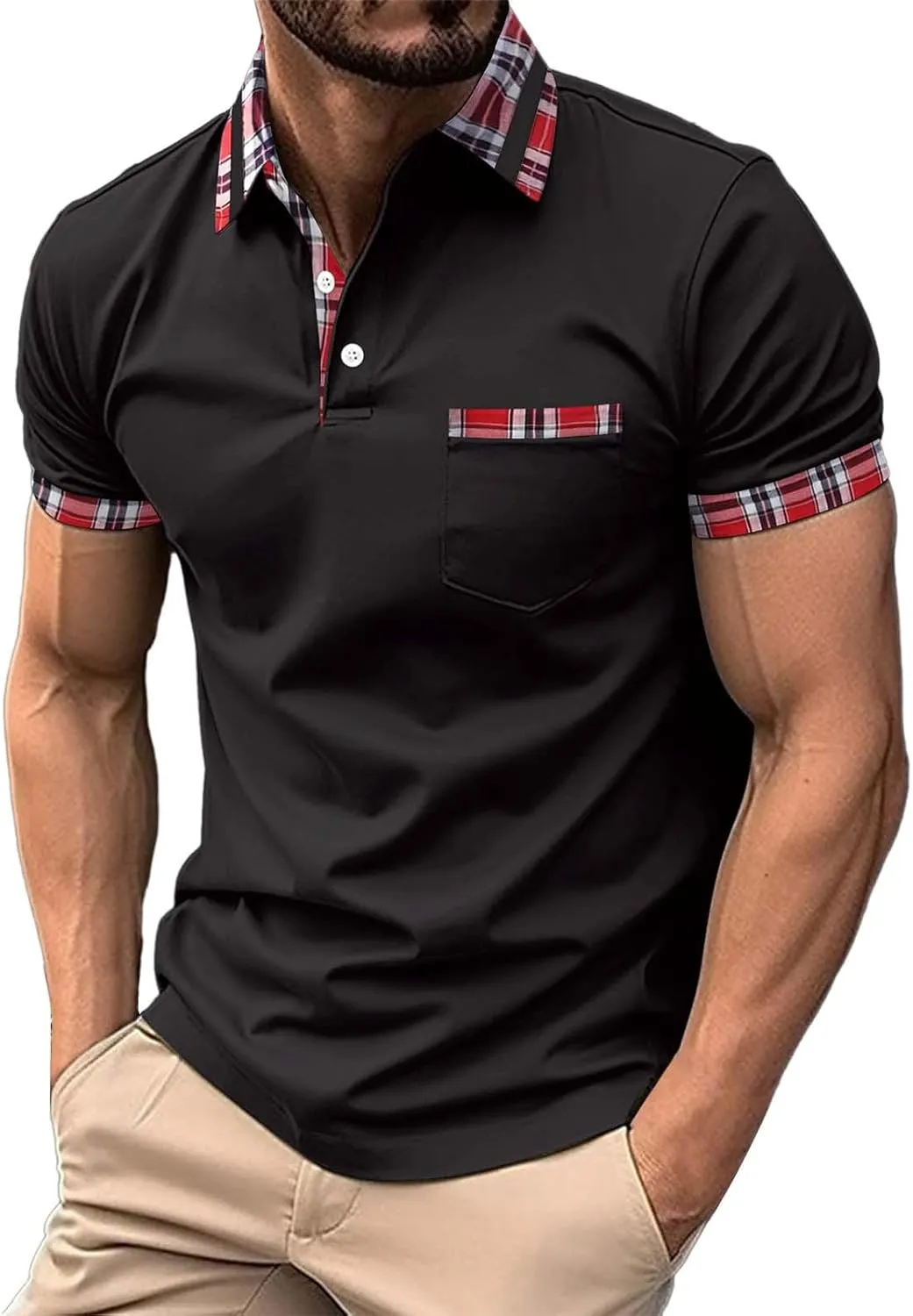 Men's Quarter Button Polo Shirts Casual Knit Short Sleeve Ribbed Polo T Shirt Classic Fit Golf Shirts Activewear Tops