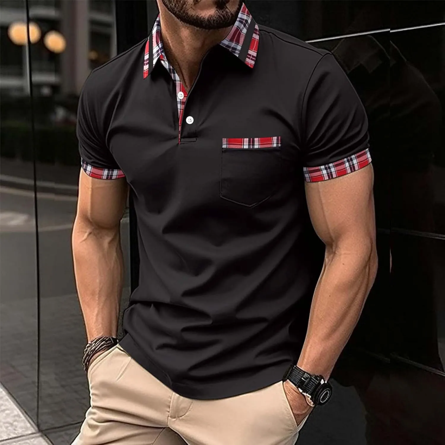 Men's Quarter Button Polo Shirts Casual Knit Short Sleeve Ribbed Polo T Shirt Classic Fit Golf Shirts Activewear Tops