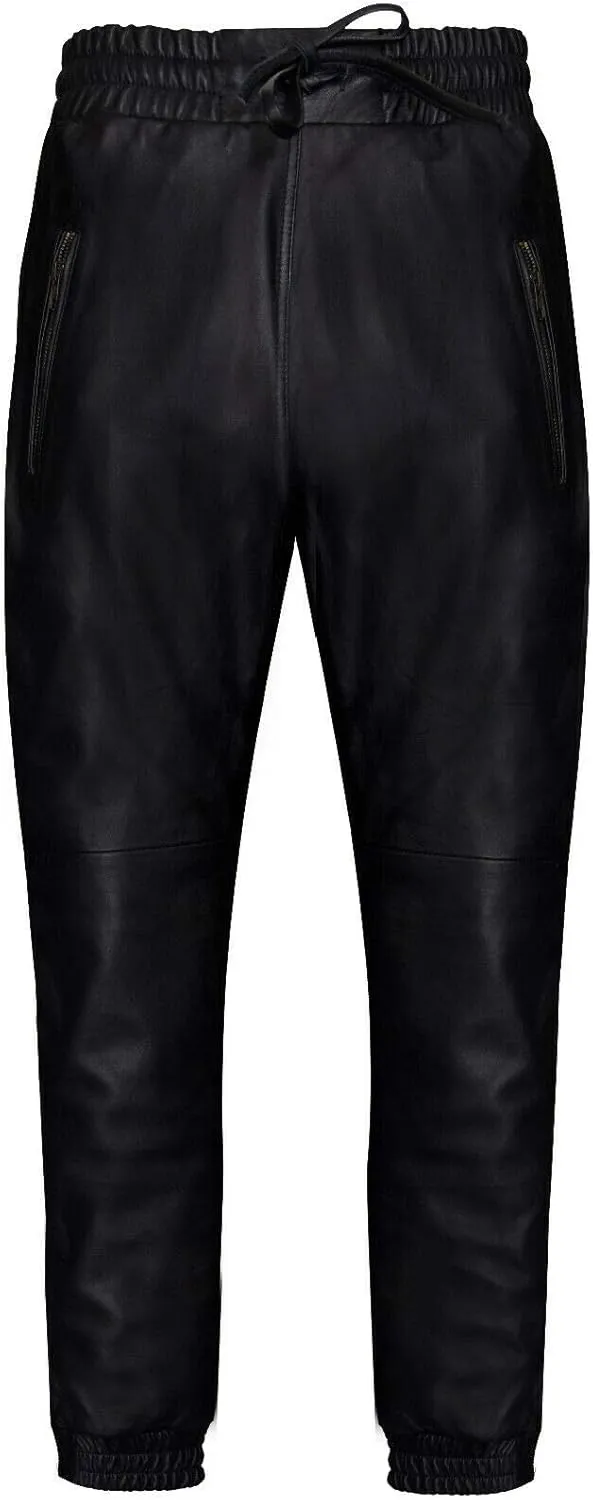 Men's Real Leather Trousers Black Nappa Sweat Track Pant Zip Jogging Bottom Sport