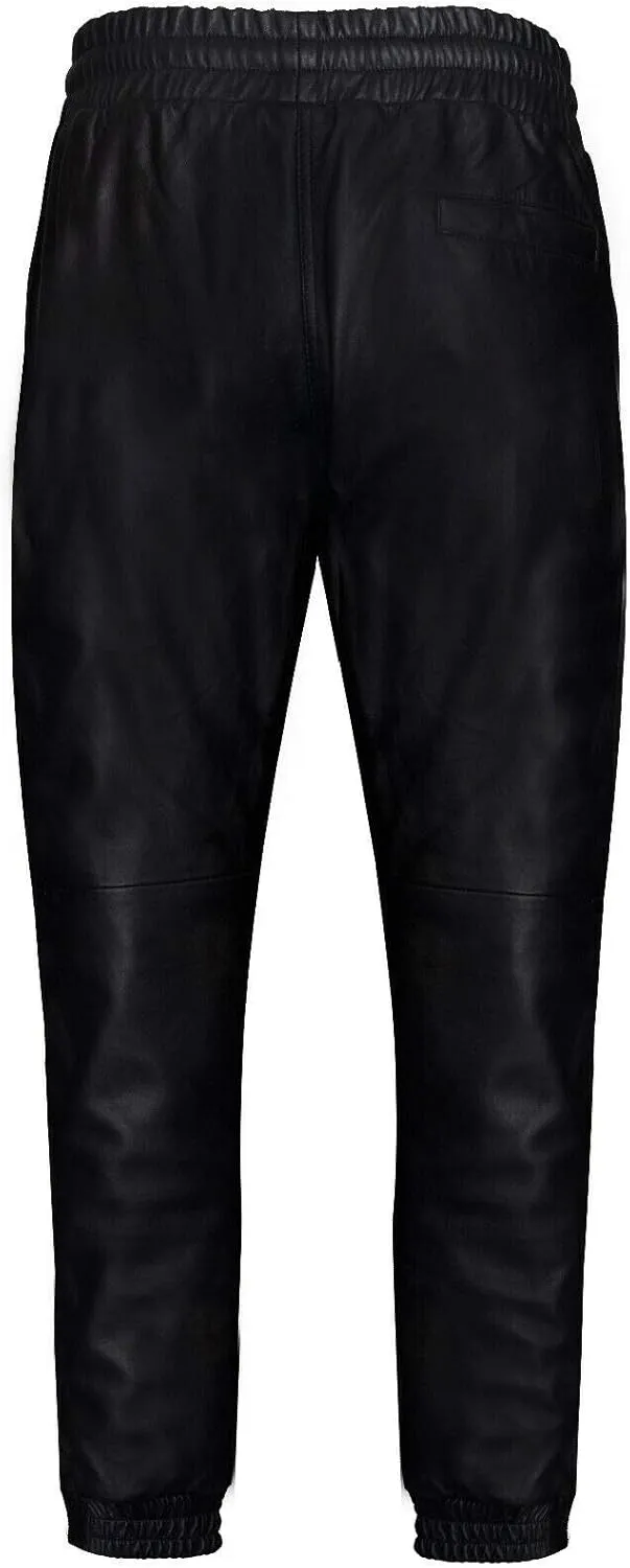 Men's Real Leather Trousers Black Nappa Sweat Track Pant Zip Jogging Bottom Sport