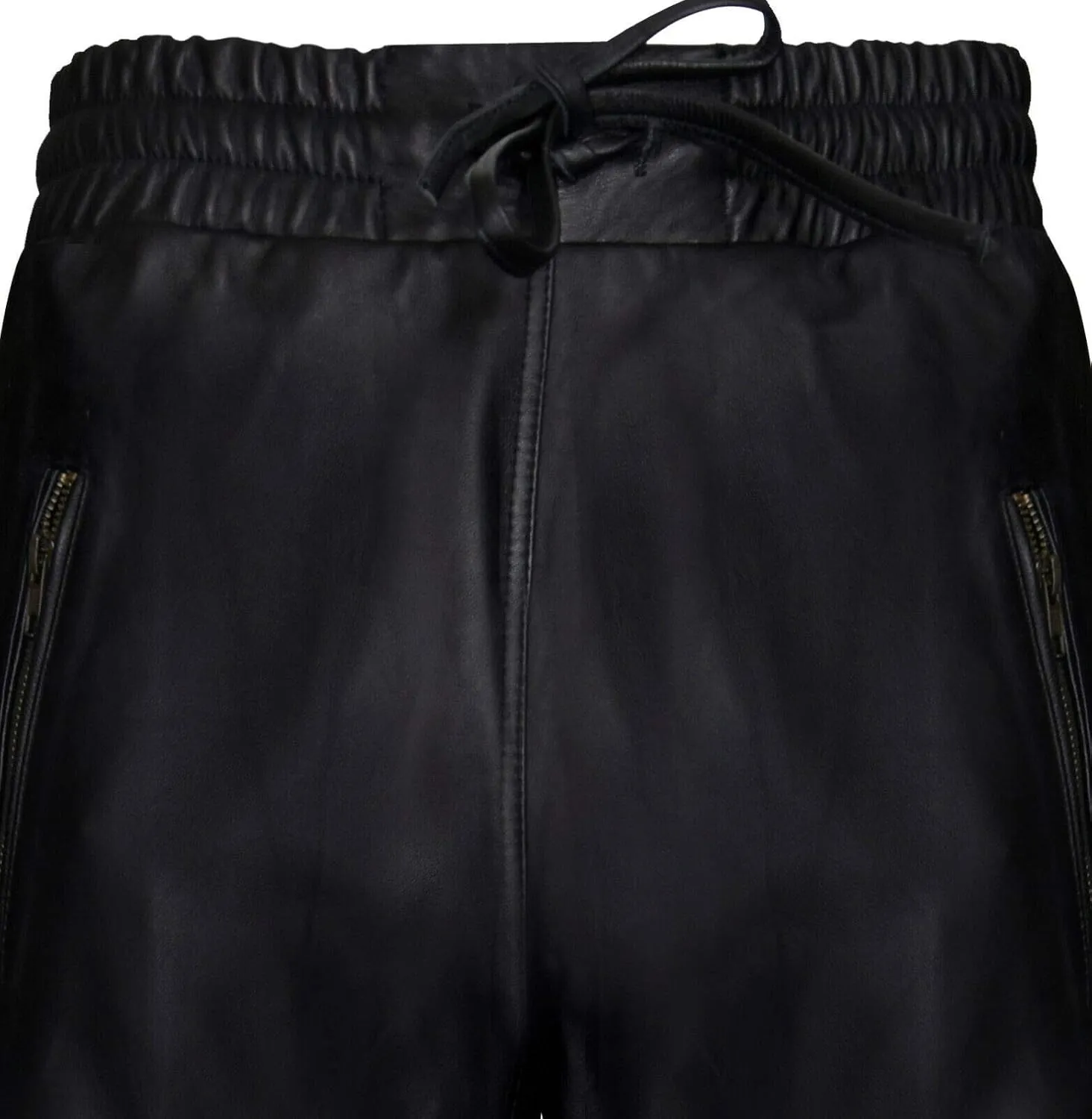 Men's Real Leather Trousers Black Nappa Sweat Track Pant Zip Jogging Bottom Sport