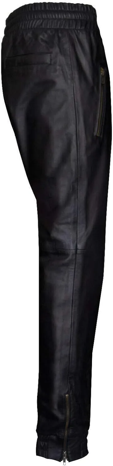 Men's Real Leather Trousers Black Nappa Sweat Track Pant Zip Jogging Bottom Sport