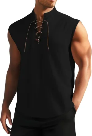 Men's Retro Pure Cotton Lace Up Sleeveless Shirts for Pirate Renaissance Medieval Viking Costume Vest Shirt