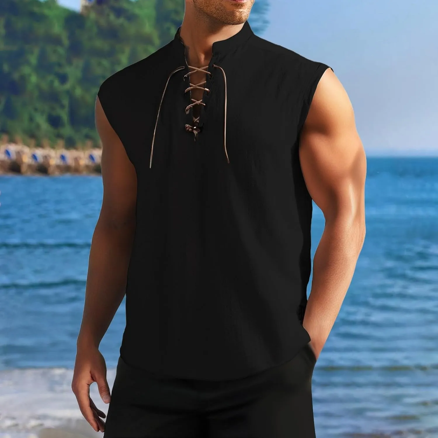 Men's Retro Pure Cotton Lace Up Sleeveless Shirts for Pirate Renaissance Medieval Viking Costume Vest Shirt