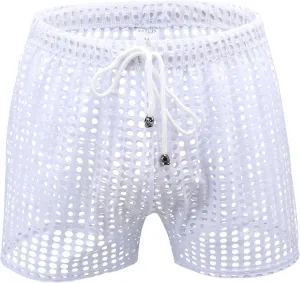 Mens Sexy Stripe Fishnet Shorts Pants See Through Mesh Loose Lounge Boxer Underwear Trunks Cutout Drawstring Bottoms