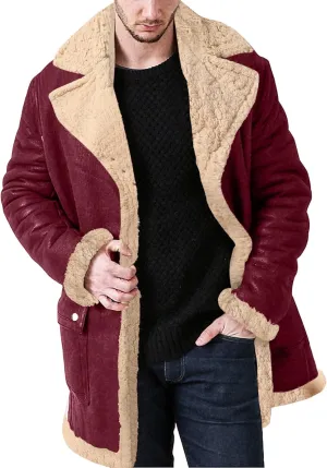 Mens Shearling Faux Leather Jacket Lapel Collar Long Jacket with Pocket Haevyweight Winter Jacket Big & Tall Overcoat