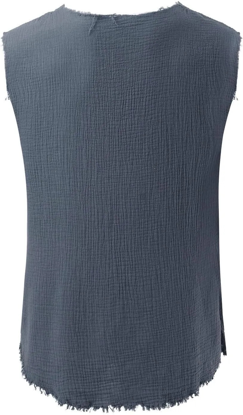 Mens Sleevess Summer Shirts Casual Cotton Linen Cut Off Muscle T-Shirt Vintage Raw Edge V-Neck Baggy Tank Tops Vest