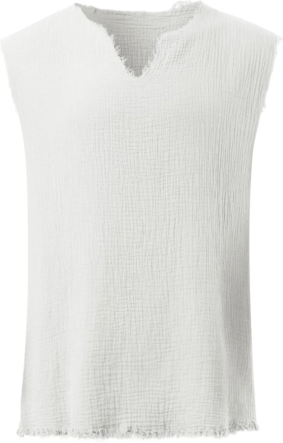 Mens Sleevess Summer Shirts Casual Cotton Linen Cut Off Muscle T-Shirt Vintage Raw Edge V-Neck Baggy Tank Tops Vest