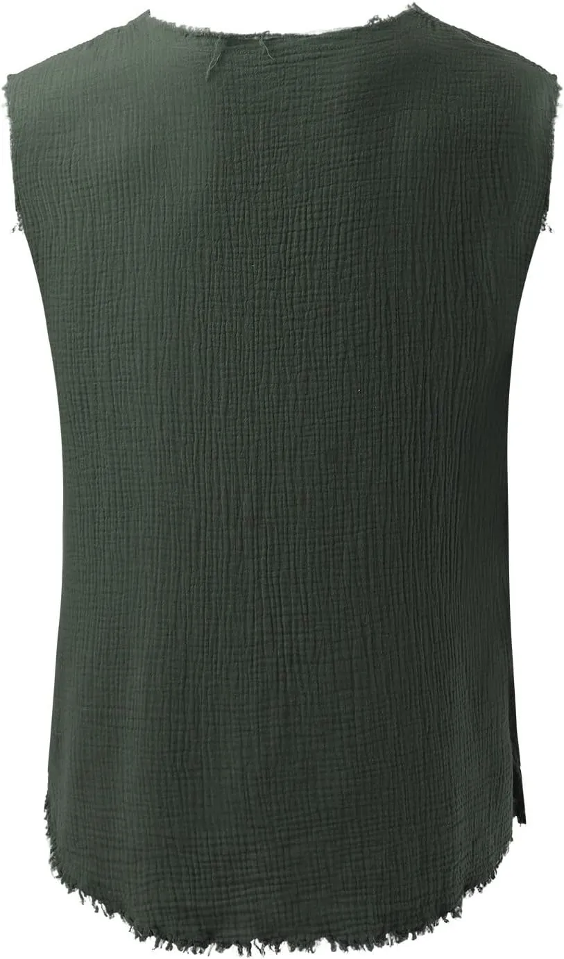 Mens Sleevess Summer Shirts Casual Cotton Linen Cut Off Muscle T-Shirt Vintage Raw Edge V-Neck Baggy Tank Tops Vest