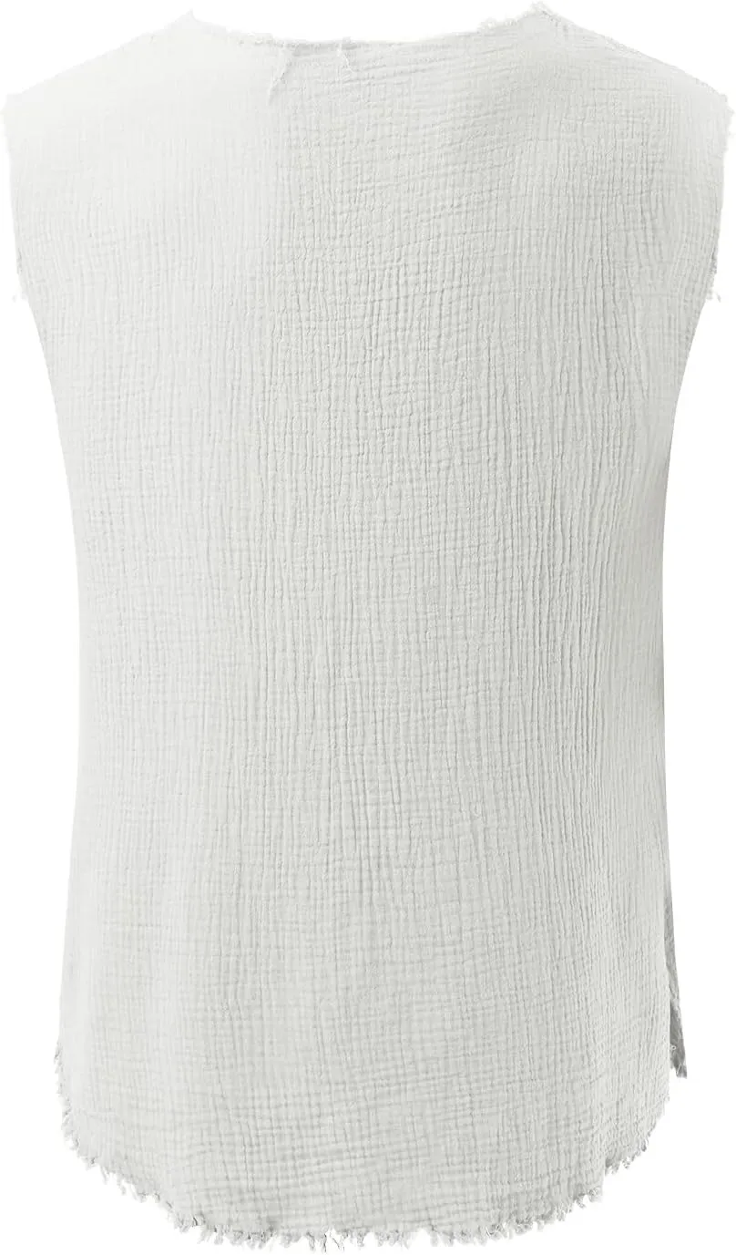 Mens Sleevess Summer Shirts Casual Cotton Linen Cut Off Muscle T-Shirt Vintage Raw Edge V-Neck Baggy Tank Tops Vest