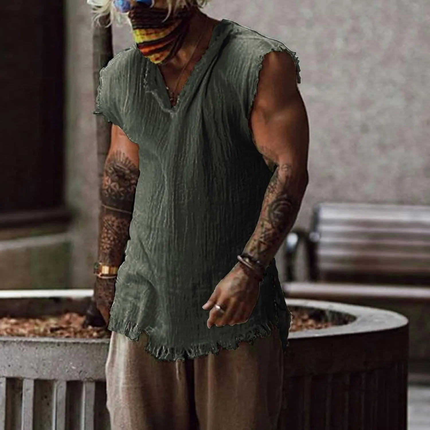 Mens Sleevess Summer Shirts Casual Cotton Linen Cut Off Muscle T-Shirt Vintage Raw Edge V-Neck Baggy Tank Tops Vest