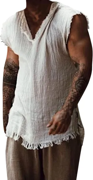 Mens Sleevess Summer Shirts Casual Cotton Linen Cut Off Muscle T-Shirt Vintage Raw Edge V-Neck Baggy Tank Tops Vest