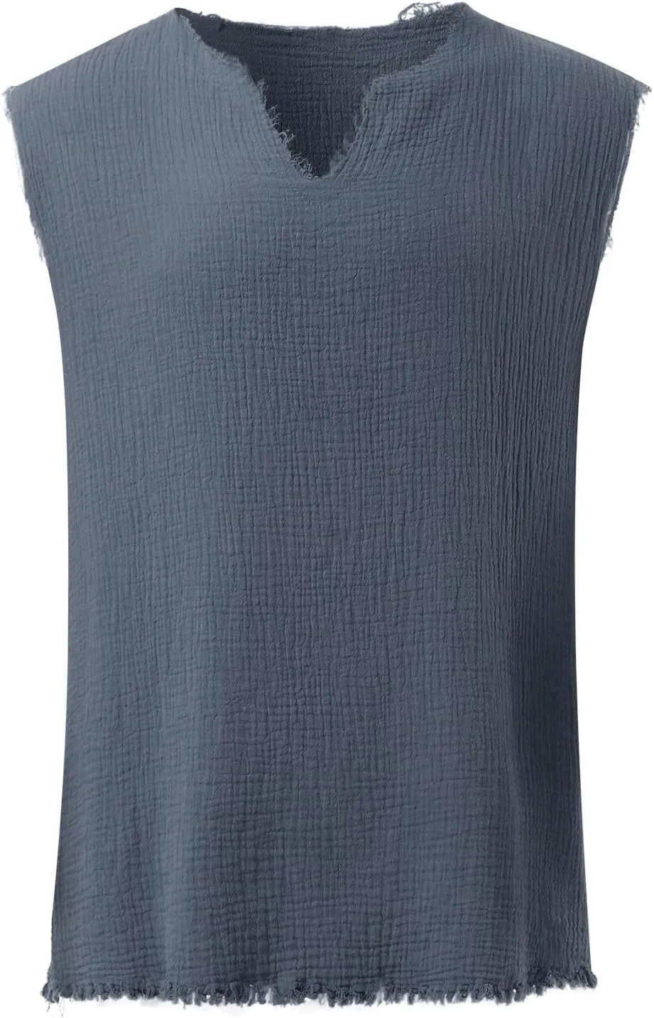 Mens Sleevess Summer Shirts Casual Cotton Linen Cut Off Muscle T-Shirt Vintage Raw Edge V-Neck Baggy Tank Tops Vest
