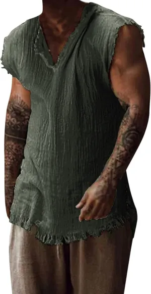 Mens Sleevess Summer Shirts Casual Cotton Linen Cut Off Muscle T-Shirt Vintage Raw Edge V-Neck Baggy Tank Tops Vest