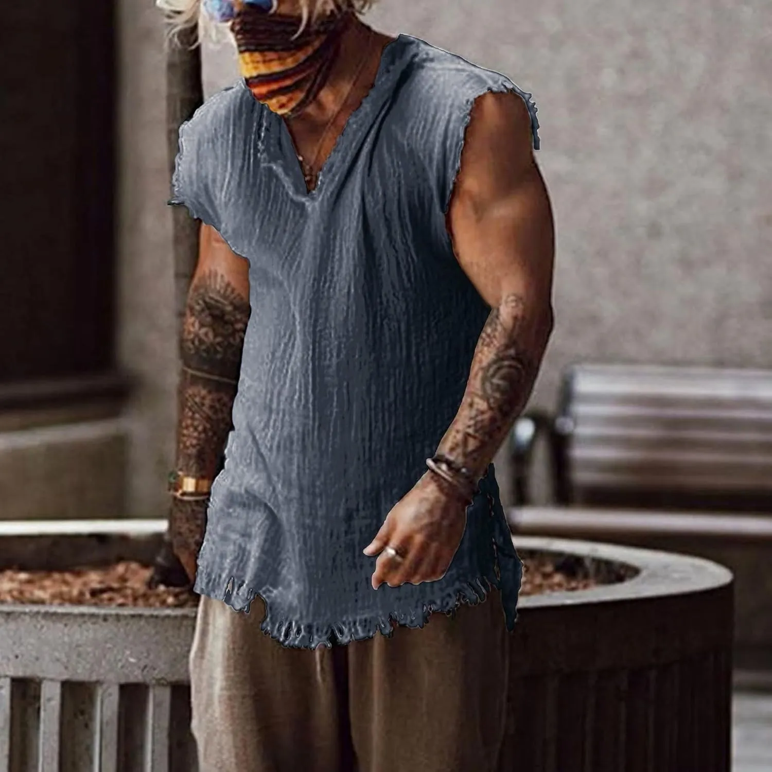 Mens Sleevess Summer Shirts Casual Cotton Linen Cut Off Muscle T-Shirt Vintage Raw Edge V-Neck Baggy Tank Tops Vest