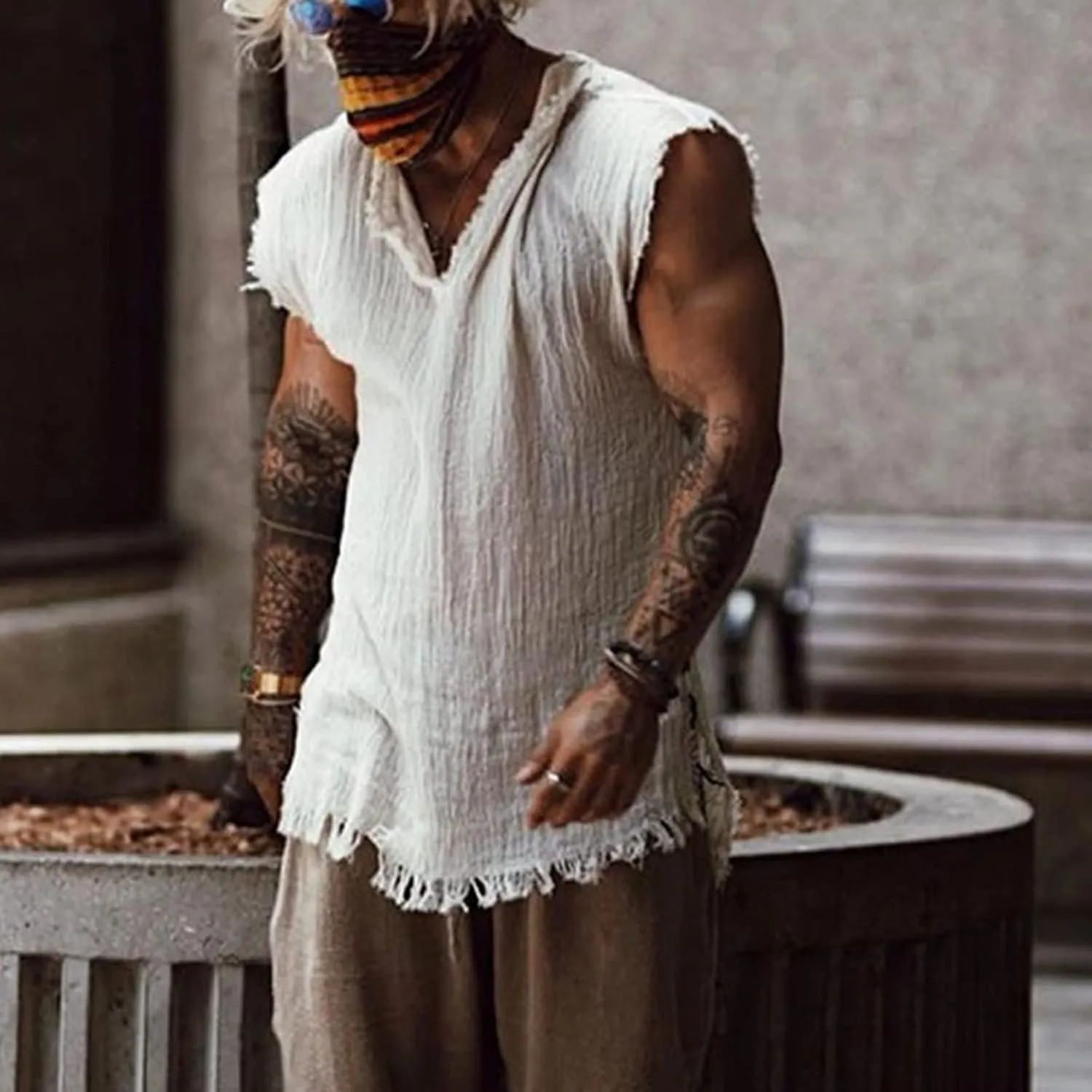 Mens Sleevess Summer Shirts Casual Cotton Linen Cut Off Muscle T-Shirt Vintage Raw Edge V-Neck Baggy Tank Tops Vest