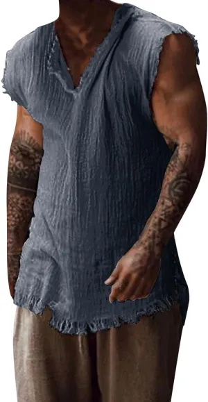 Mens Sleevess Summer Shirts Casual Cotton Linen Cut Off Muscle T-Shirt Vintage Raw Edge V-Neck Baggy Tank Tops Vest