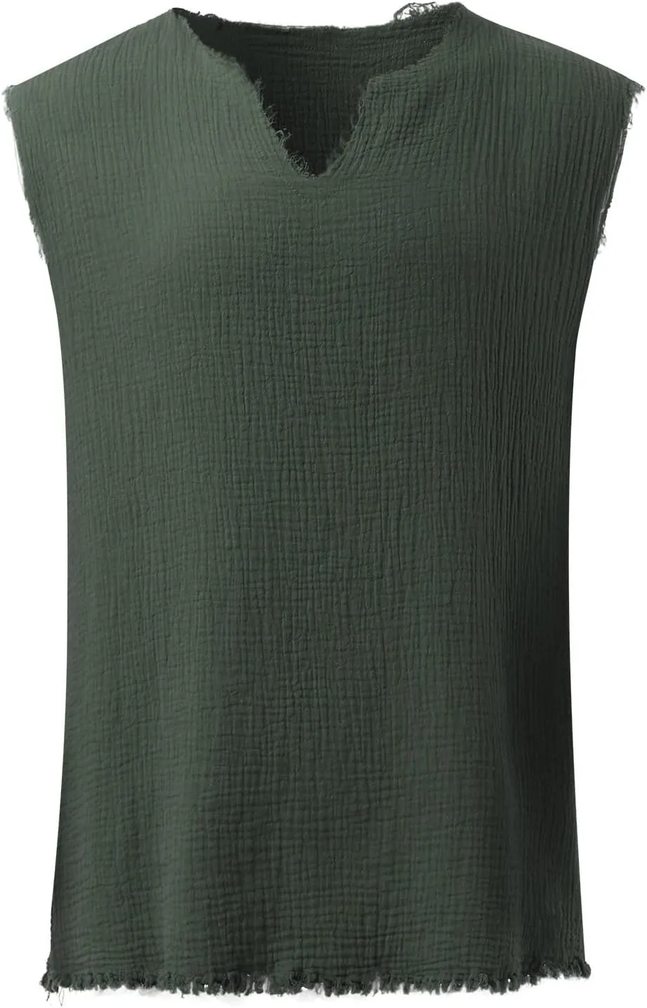 Mens Sleevess Summer Shirts Casual Cotton Linen Cut Off Muscle T-Shirt Vintage Raw Edge V-Neck Baggy Tank Tops Vest