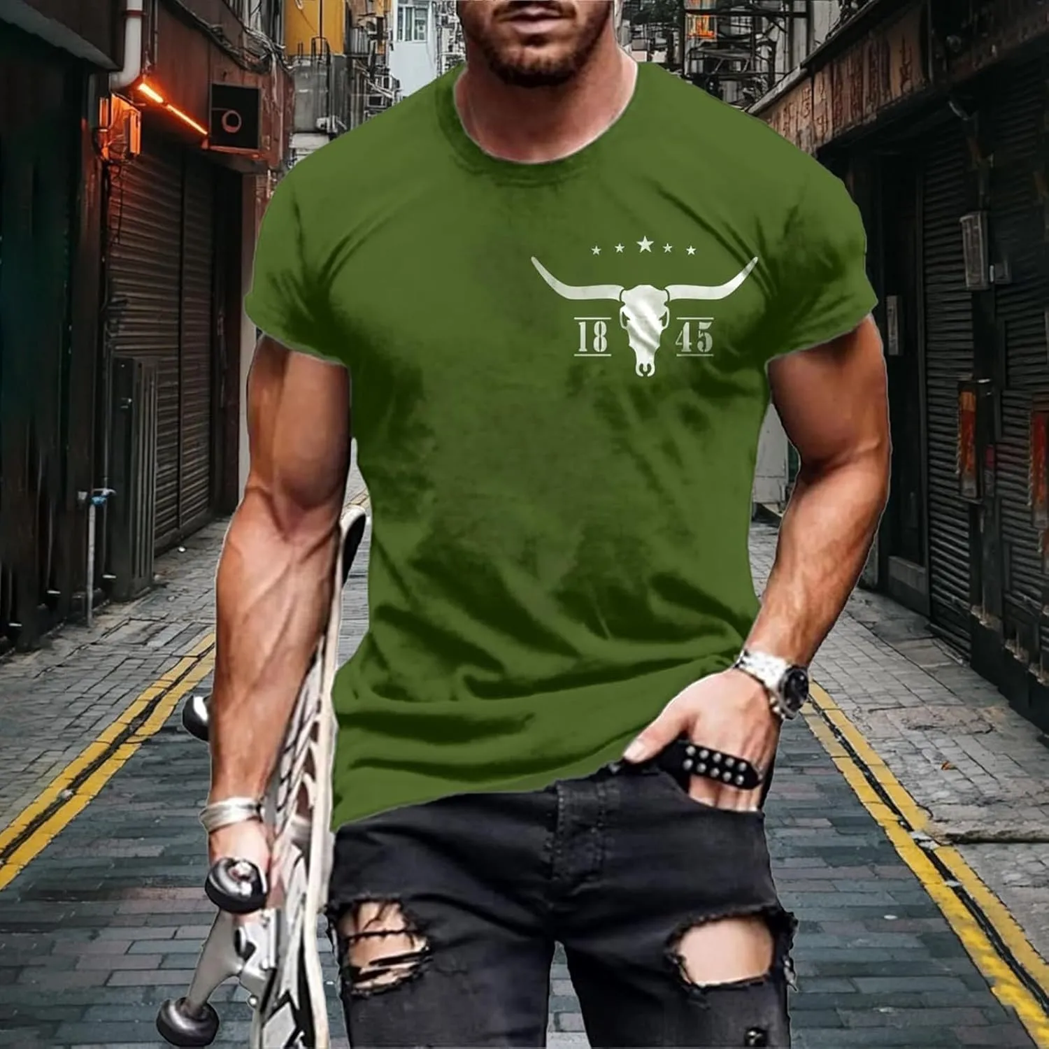 Mens Slim Fit Graphic Tees 2025 Trendy Short Sleeve Vintage T-Shirts Letter Horns Print Casual Crewneck Cotton Tops