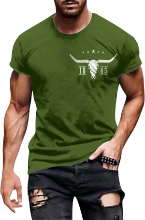 Mens Slim Fit Graphic Tees 2025 Trendy Short Sleeve Vintage T-Shirts Letter Horns Print Casual Crewneck Cotton Tops