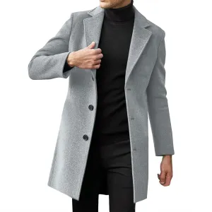 Mens Wool Blend Trench Coat Slim Fit Notched Collar Long Jacket Winter Overcoat Single Breasted Pea Coat wih Pockets